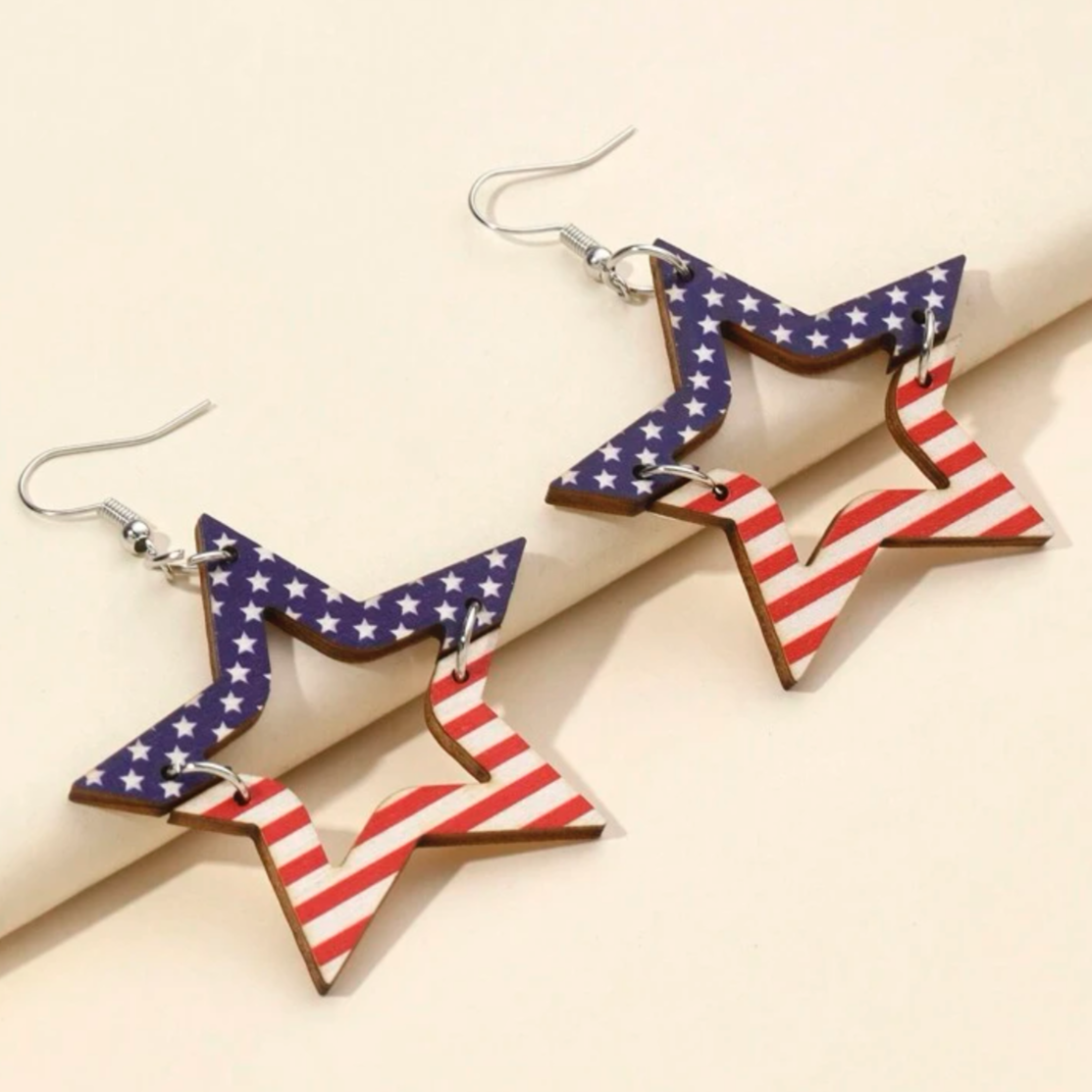 Wooden American Flag Star Earrings