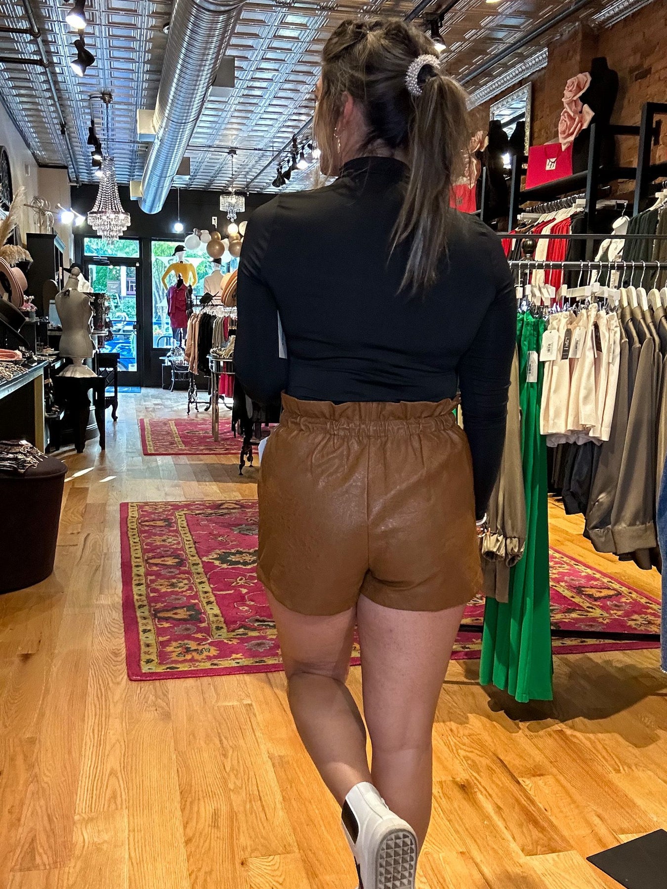 Liv High Waisted Vegan Leather Paper Bag Shorts (Camel) – Nova Lee Boutique