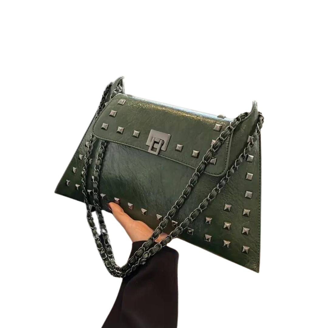 Green Studded Shoulder Purse with Turn-lock Closures