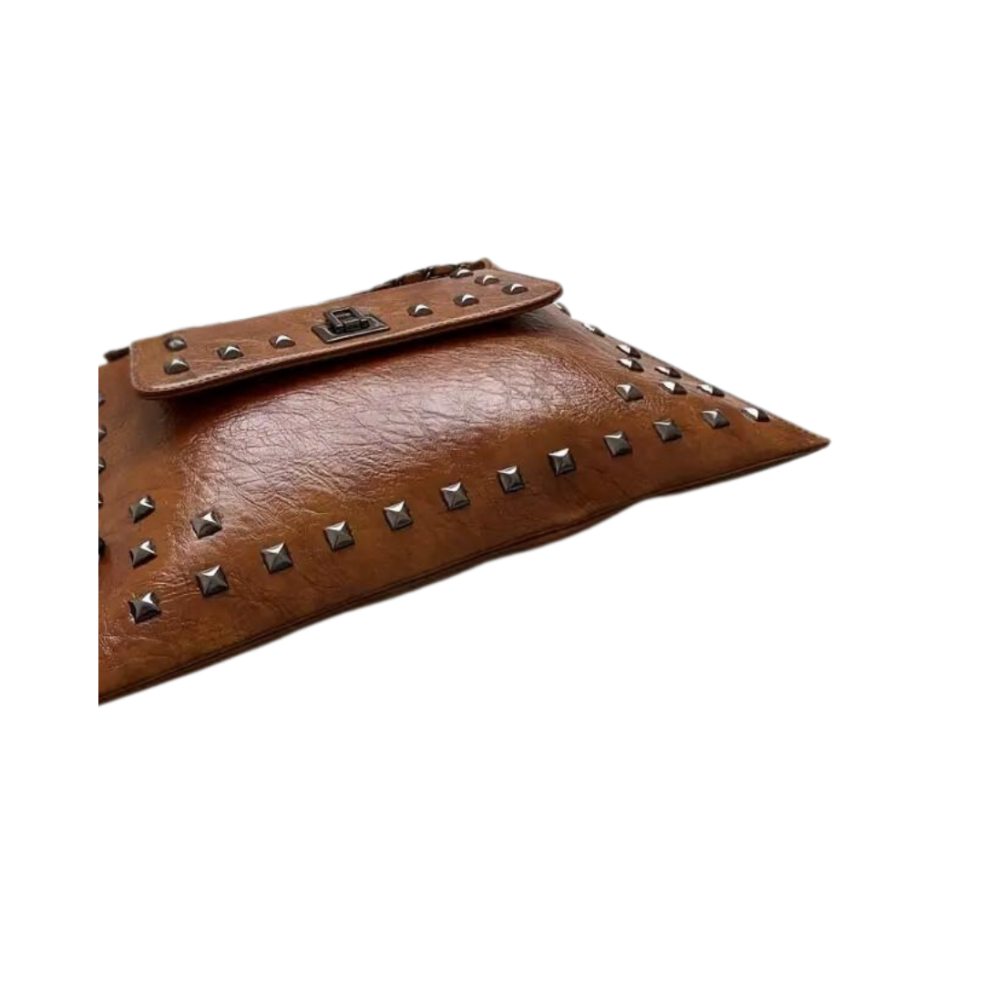 Brown Studded Shoulder Purse with Turn-lock Closures