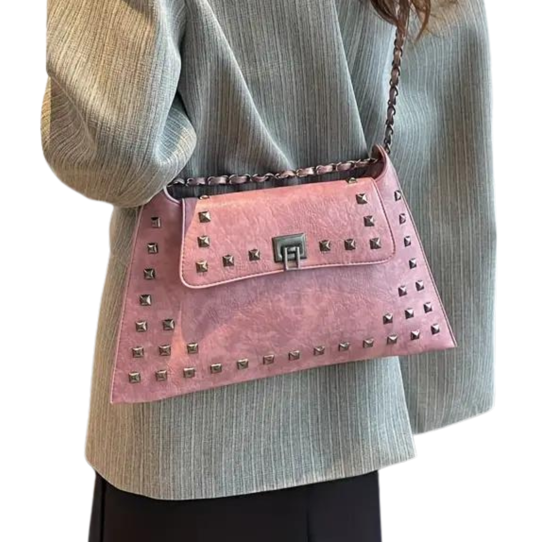 Pink Studded Shoulder Purse with Turn-lock Closures