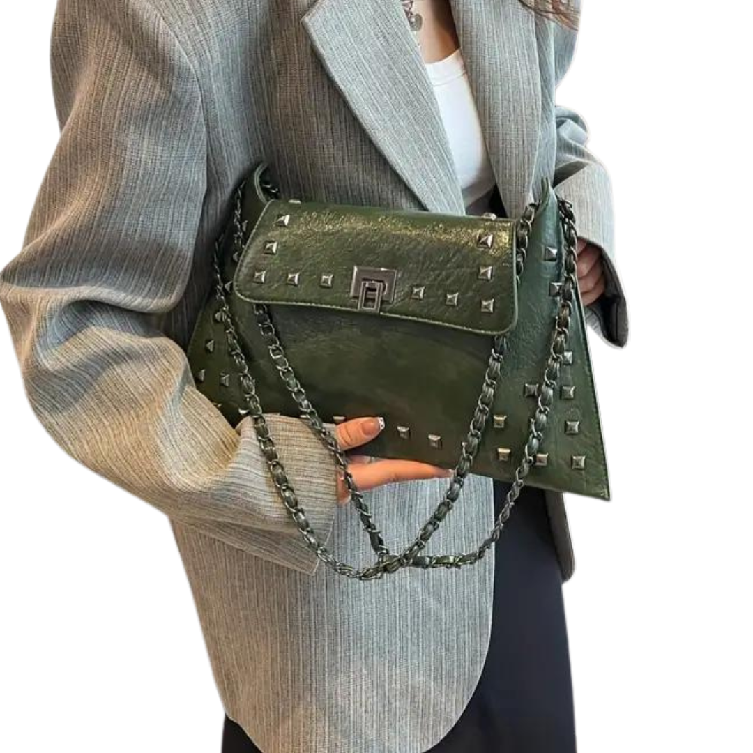 Green Studded Shoulder Purse with Turn-lock Closures