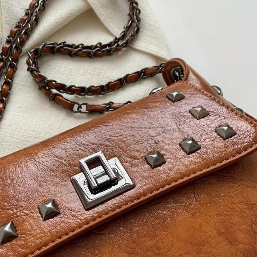 Brown Studded Shoulder Purse with Turn-lock Closures