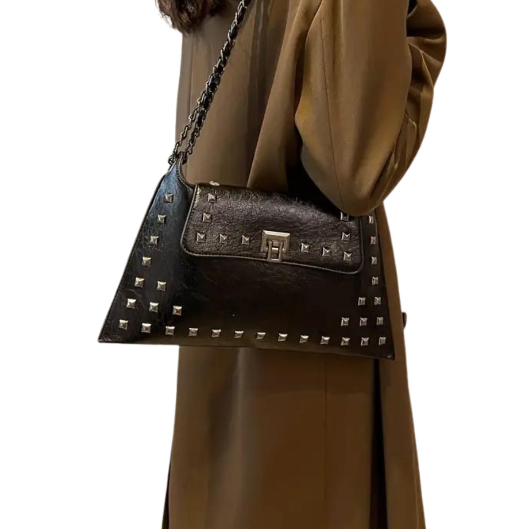 Black Studded Shoulder Purse with Turn-lock Closures