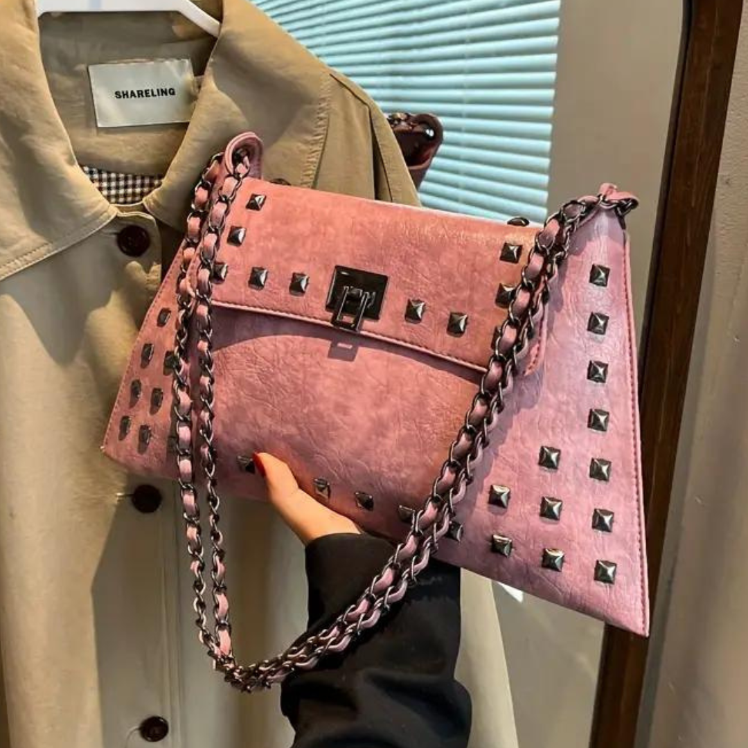 Pink Studded Shoulder Purse with Turn-lock Closures