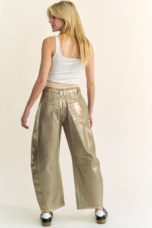 High Waist Gold Foil Barrel Jeans