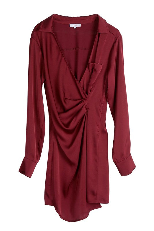 Wine Satin Wrap Mini Dress