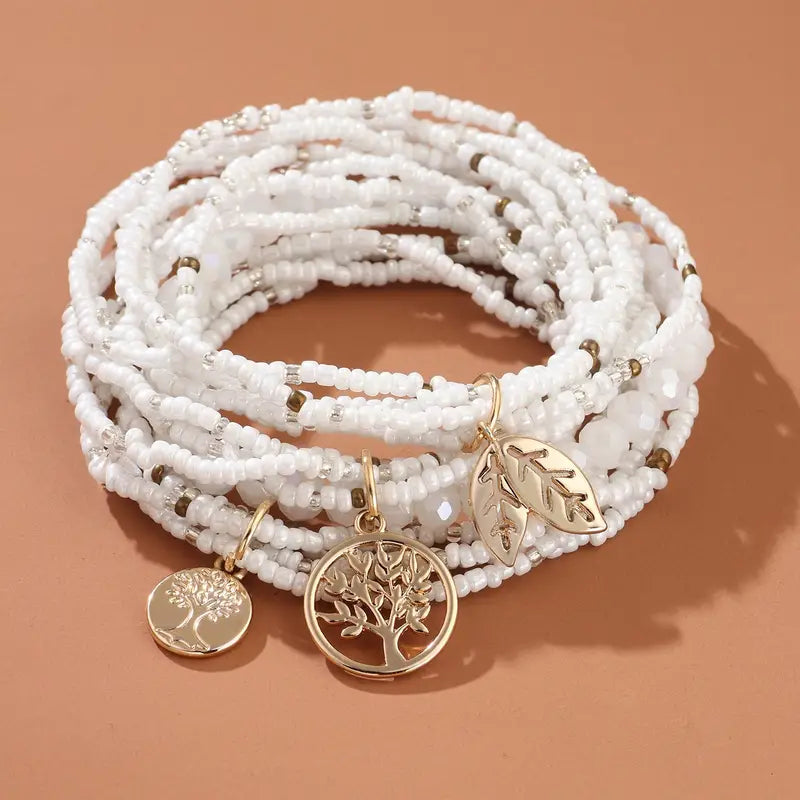 White Beaded Stacked Bracelet Set with Tree and Leaf Gold Pendants 