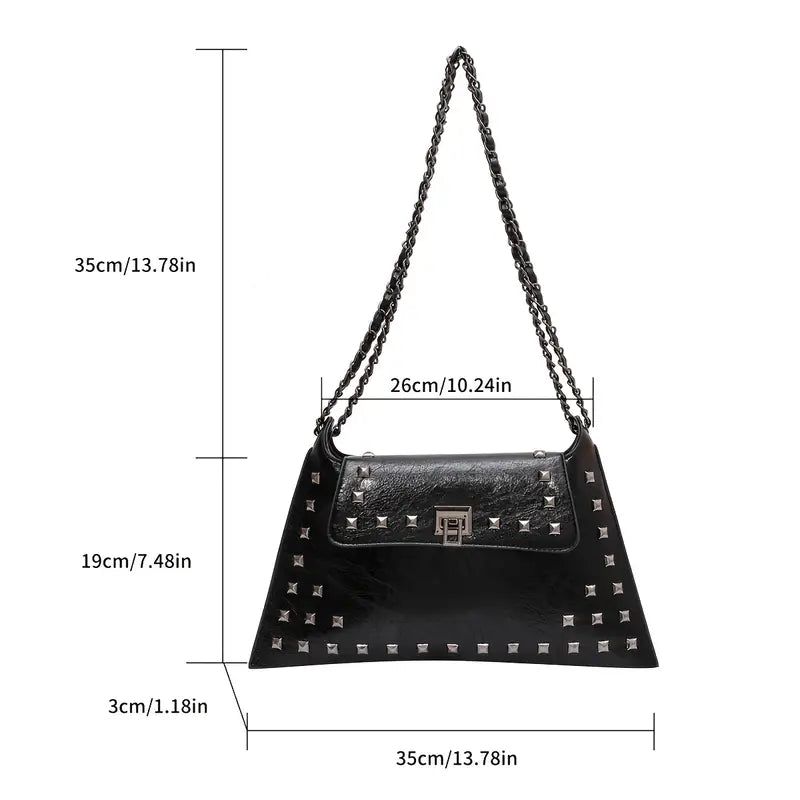 Black Studded Shoulder Purse with Turn-lock Closures