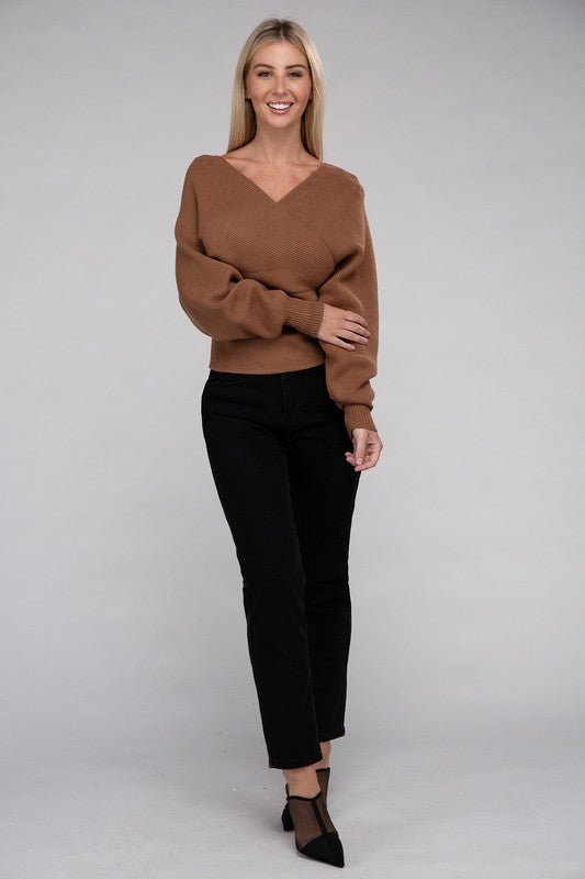 Deep Camel Cross Wrap Pullover Sweater