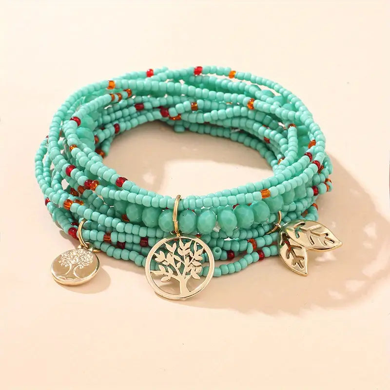 Teal Beaded Stacked Bracelet Set with Tree and Leaf Gold Pendants 