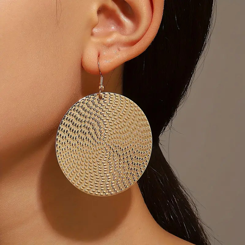 Gold Round Textured Disc Earrings