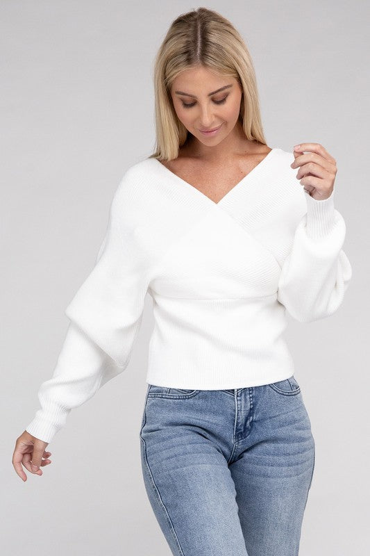 White Cross Wrap Pullover Sweater