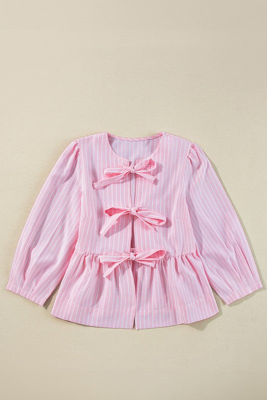 Pink Stripe Tie Front Puff Sleeve Top