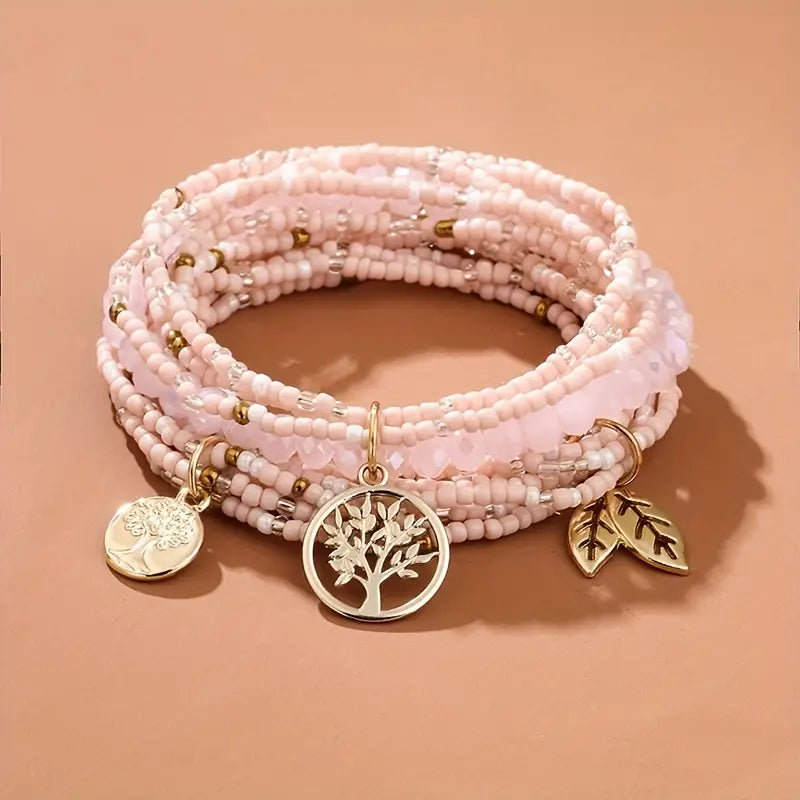 Pink Beaded Stacked Bracelet Set with Tree and Leaf Gold Pendants 