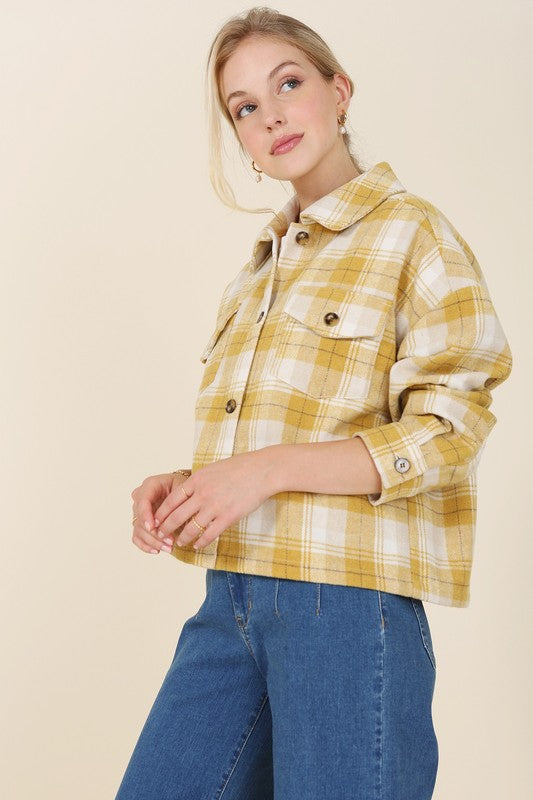 Yellow Plaid Short Shacket with Pockets 