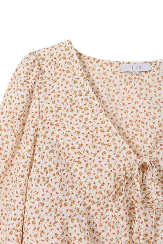 Beige Floral Long Sleeve Frill Blouse