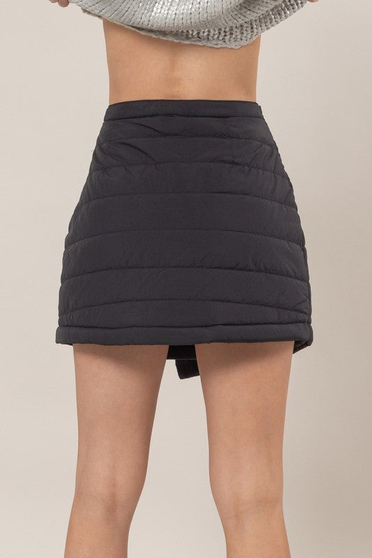 Black Puffer Wrap Mini Skirt