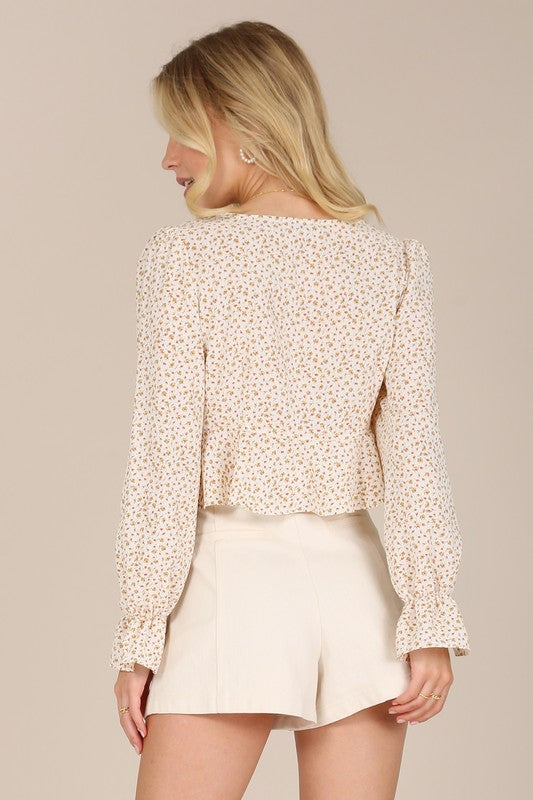 Beige Floral Long Sleeve Frill Blouse