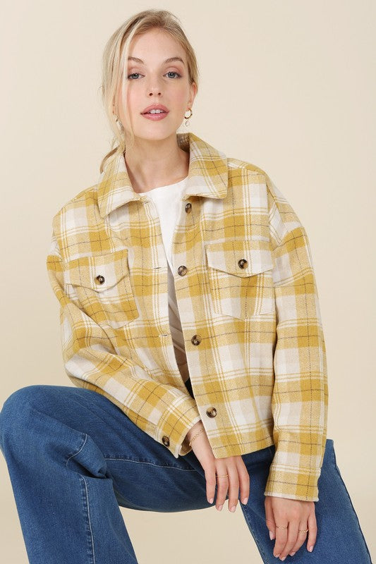 Yellow Plaid Short Shacket with Pockets 