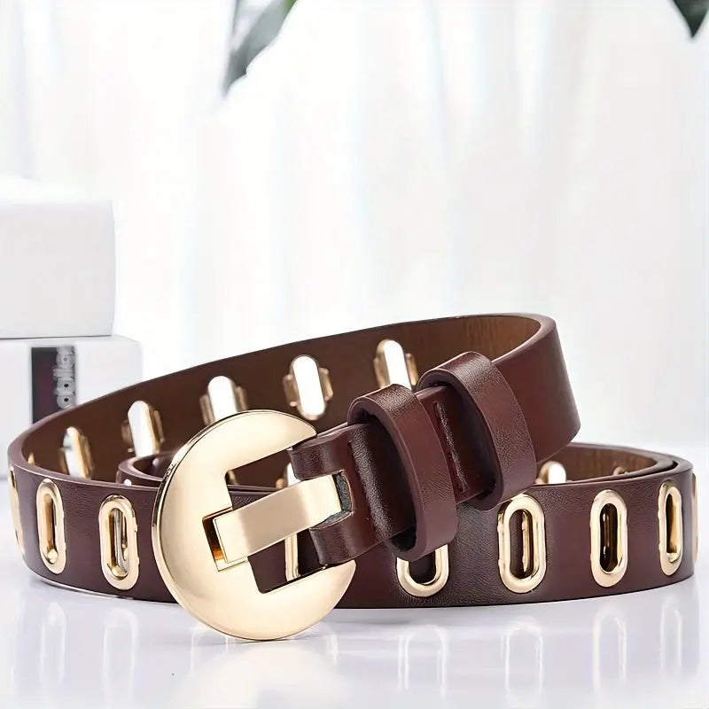 Brown Vegan Leather Belt with Gold Accents