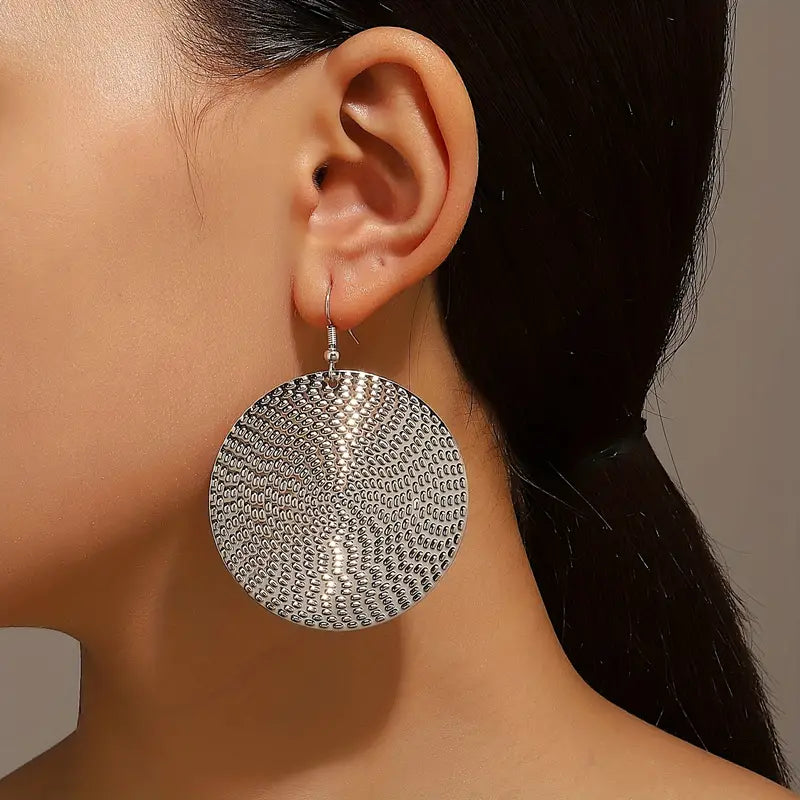 Silver Round Textured Disc Earrings