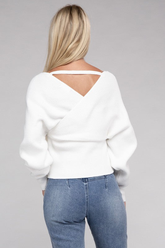 White Cross Wrap Pullover Sweater