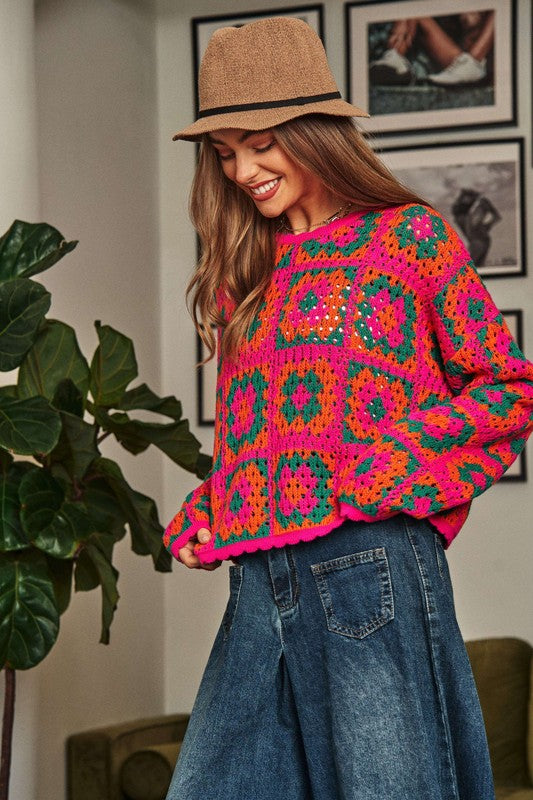 Pink Neon Multi Granny Patch Crochet Sweater 