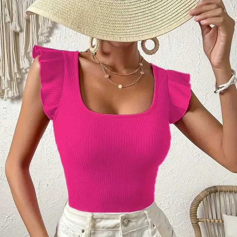 Fuchsia Ribbed Flutter Sleeve Top