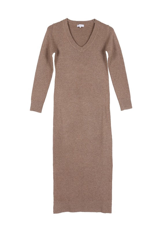 Brown Vneck Sweater Maxi Dress