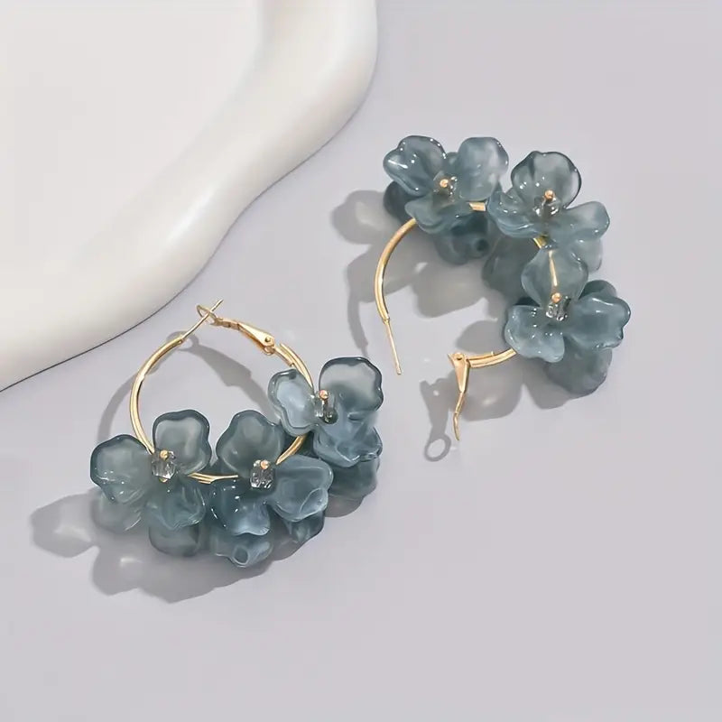 Blue Acrylic Flower Hoop Earrings with Gold Hardware 