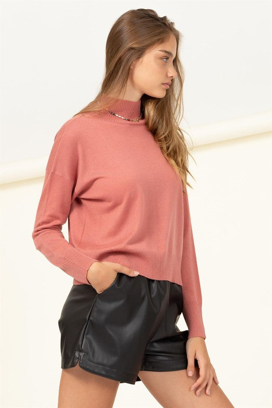 Blush High Neckline Long Sleeve Sweater