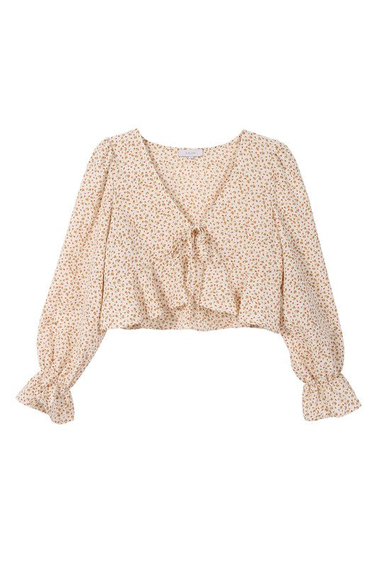 Beige Floral Long Sleeve Frill Blouse