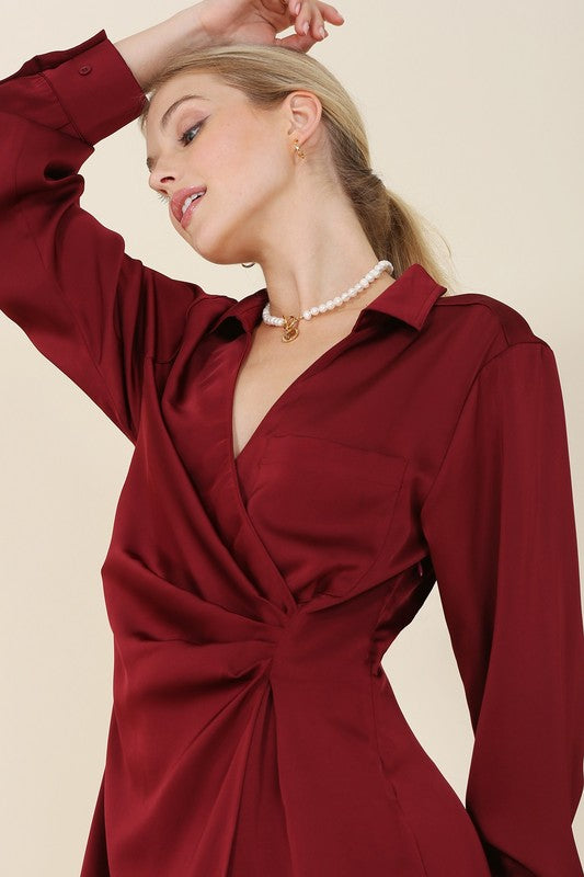 Wine Satin Wrap Mini Dress