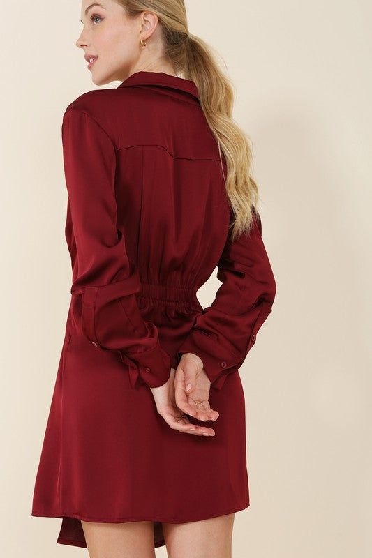 Wine Satin Wrap Mini Dress