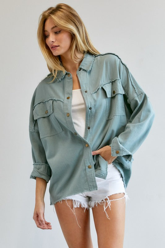 Dusty Blue Button Down Long Sleeve Shirt with Pockets