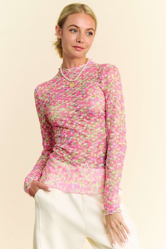 Pink Mesh Floral Long Sleeve Top