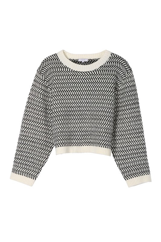  Herringbone Pattern Crew Neck Sweater