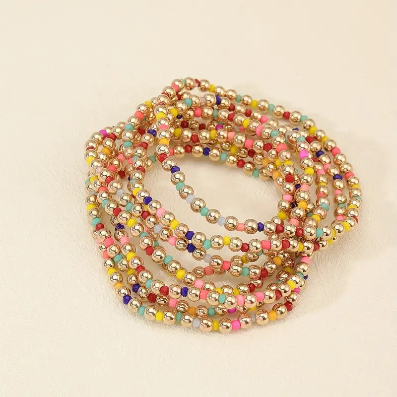 Multi Color Rainbow and Gold Beaded Bracelet Set