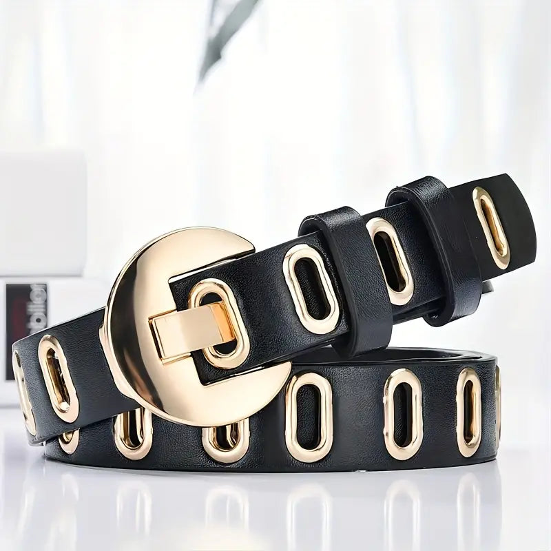 Black Vegan Leather Belt with Gold Accents