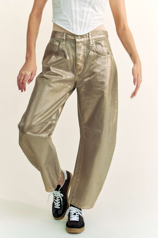 High Waist Gold Foil Barrel Jeans