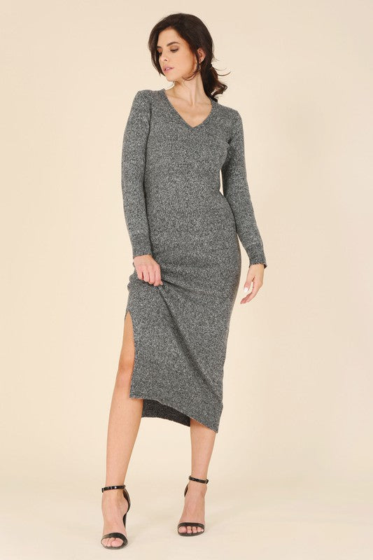 Grey Vneck Sweater Maxi Dress