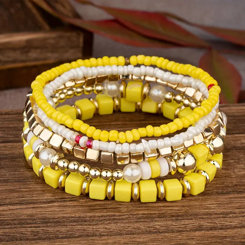 Yellow 5 Piece Beaded Bracelet Set