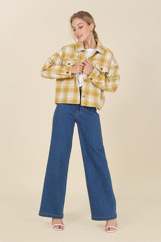 Yellow Plaid Short Shacket with Pockets 