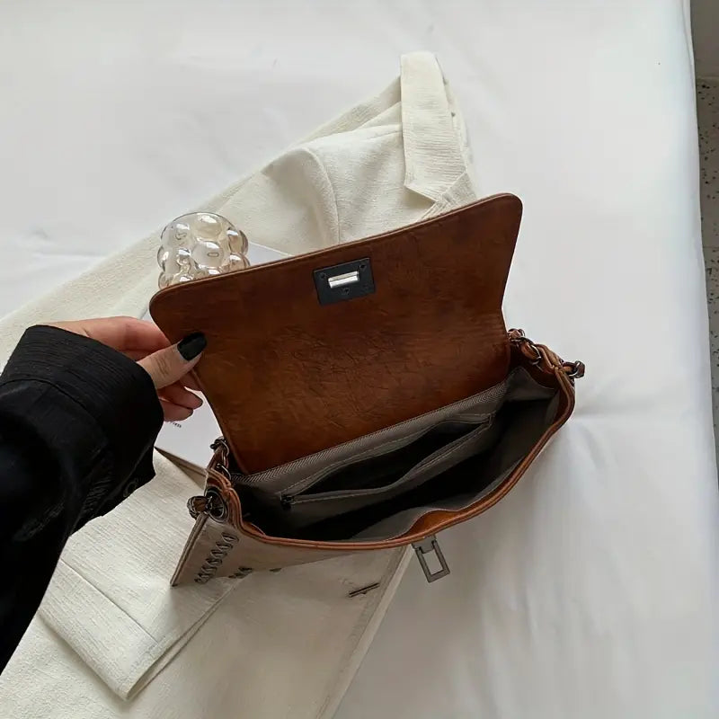 Brown Vegan Leather Crossbody Bag with Gold Closures