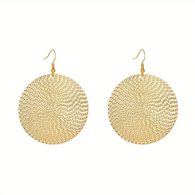 Gold Round Textured Disc Earrings