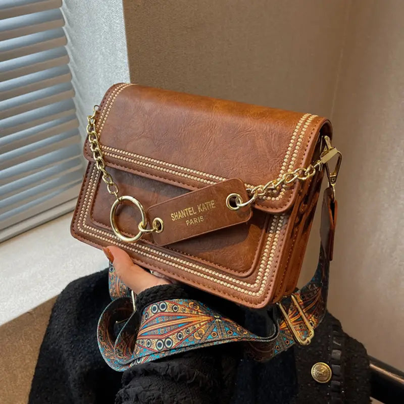 Brown Vegan Leather Crossbody Bag with Gold Closures