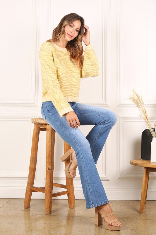 Yellow Herringbone Pattern Crew Neck Sweater