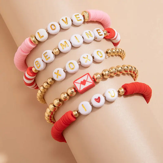 Red, Pink, and Gold Valentines Beaded Bracelet Set