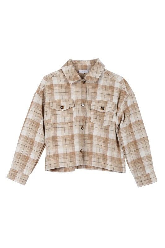 Beige Plaid Short Shacket with Pockets 